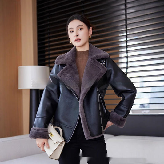 Abrigo de Cuero y Borrego para Mujer - Chaqueta de Moto Invierno Premium