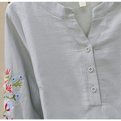 Blusa de Algodón con Escote V y Bordado Plisado Manga Larga - Image 18