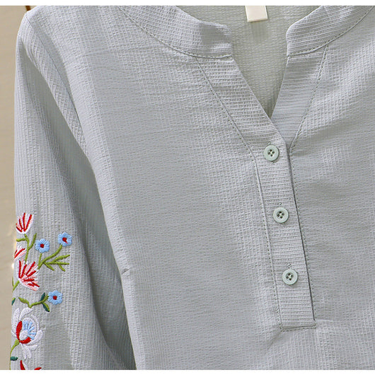 Blusa de Algodón con Escote V y Bordado Plisado Manga Larga - Image 18