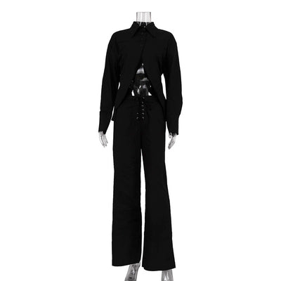 Conjunto Dos Piezas: Blusa Blanca Cropped con Cuello Solapa y Pantalón Ancho Calado con Amarre - Image 7