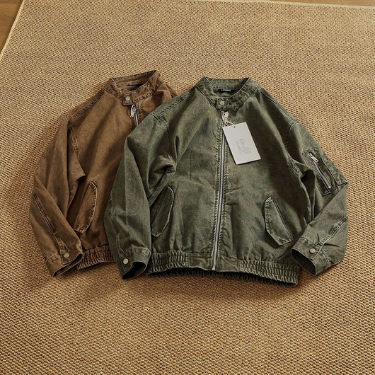 Chaqueta Bomber Retro Clásica con Cuello Tipo Snap - Lavada y Versátil - Image 5