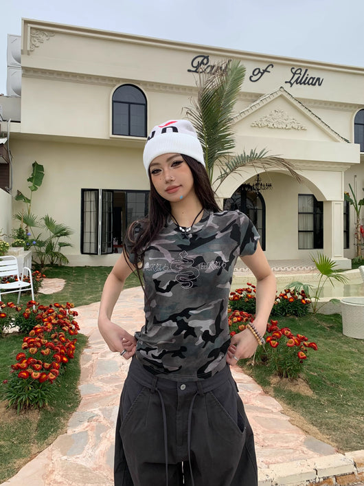 Camiseta Estampado Camuflaje Retro Manga Corta para Mujer - Image 12