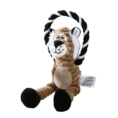 Gray plush elephant pet toy with ribbed texture and embroidered eyes, attached to a brown and blue braided rope ring. - Image 8