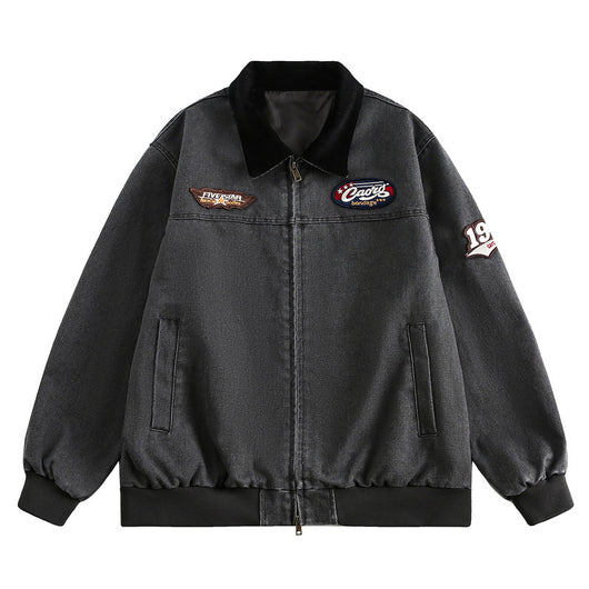 Chaqueta de Mezclilla Universitaria con Bordado en Solapa para Parejas - Image 2