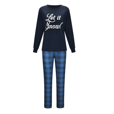 Dark blue long-sleeve pajama set with "Let it Snow!" script top and blue and black plaid pants. - Image 4