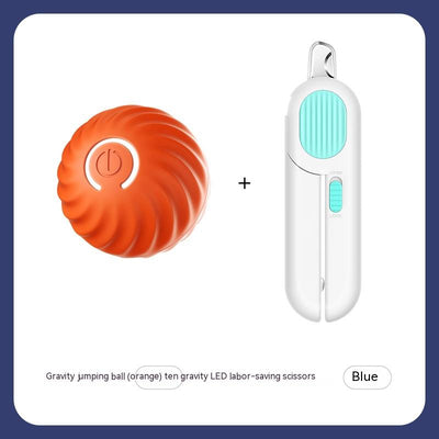 Blue gravitational jumping pet ball with a power button, shown next to an orange replacement shell for the toy. - Image 13