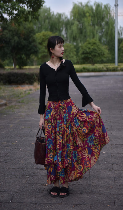 Falda Étnica de Algodón y Lino con Estampado