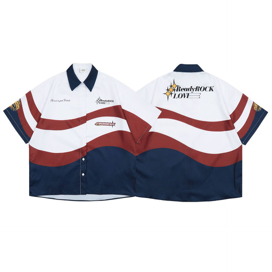Camisa Moto Retro Americana con Contraste de Colores