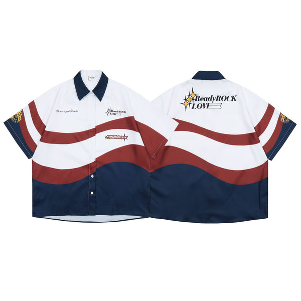 Camisa Moto Retro Americana con Contraste de Colores