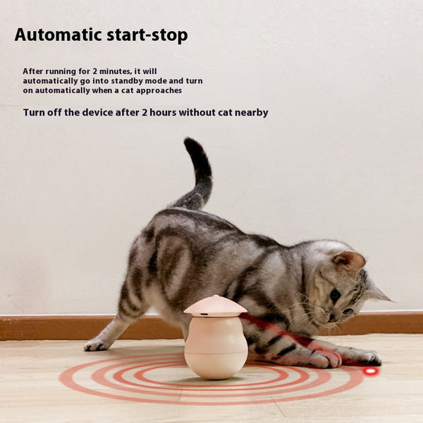 Two pink intelligent electric cat toy tumblers with ribbed tops and red laser emitters, set against a minimalist pink background.