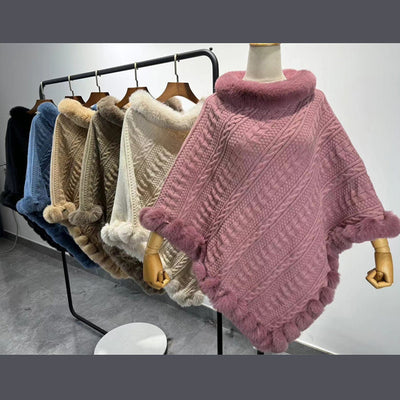 Poncho Tipo Capa de Punto Grueso con Cuello de Pelaje - Image 4