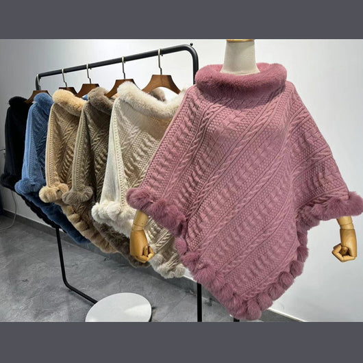 Poncho Tipo Capa de Punto Grueso con Cuello de Pelaje - Image 4
