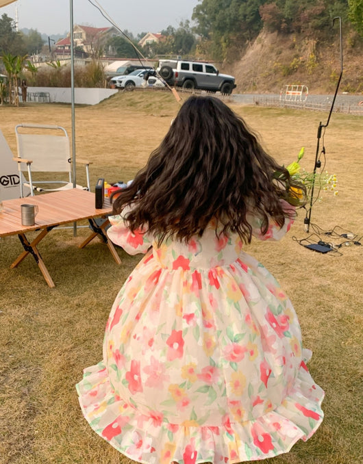 Vestido Infantil de Gasa Floral Manga Larga para Fiestas - Image 9