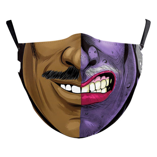 Halloween dust mask with a split design, featuring half a human face with pink lips and half a dark robotic face. - Image 6