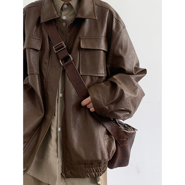 Chaqueta de Cuero Motociclista Retro Estilo Japonés