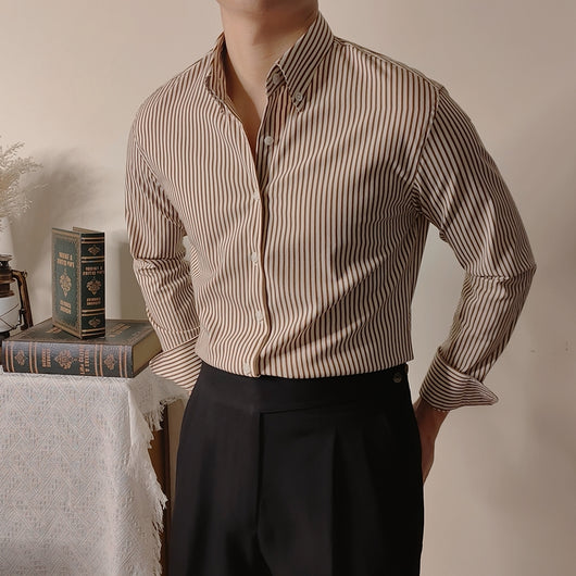 Camisa Slim Fit a Rayas Café para Hombre - Image 5