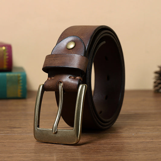 Cinturón de Cuero Genuino para Hombre con Hebilla Retro de Cobre Puro Artesanal
