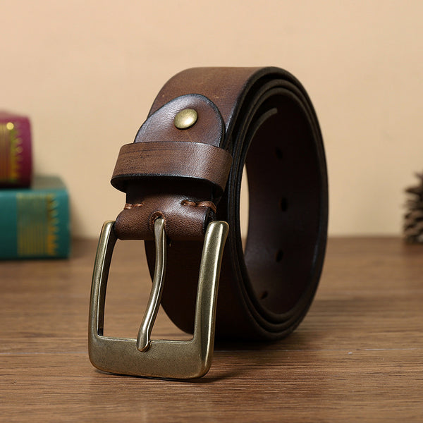 Cinturón de Cuero Genuino para Hombre con Hebilla Retro de Cobre Puro Artesanal