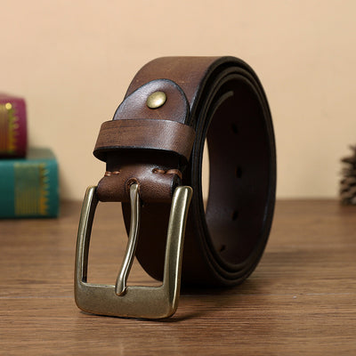 Cinturón de Cuero Genuino para Hombre con Hebilla Retro de Cobre Puro Artesanal