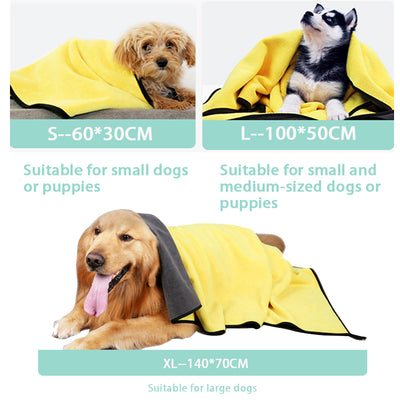 Yellow microfiber pet drying towel with black trim draped over a bathtub, with a golden retriever, poodle, and cat. - Image 12