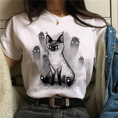 Playera Gato Caricatura con Hongos Halloween Manga Corta - Image 13