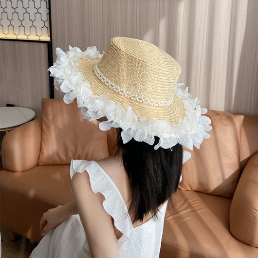 Sombrero de Paja Plano con Encaje de Perlas para Mujer - Image 12