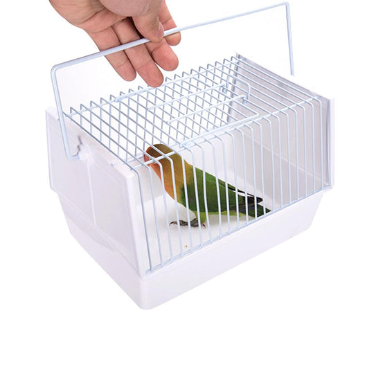 Black and white portable bird cage with two birds perched on top, featuring water and seed feeders. - Image 10