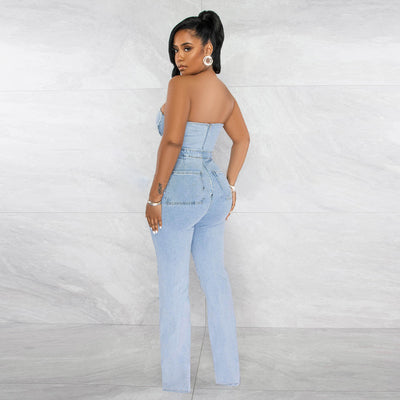 Jumpsuit Denim para Mujer con Escote V y Bolsillo Cremallera - Image 10