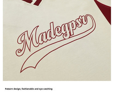 Men's khaki and red color contrast patchwork t-shirt with short raglan sleeves and a V-neck. - Image 11