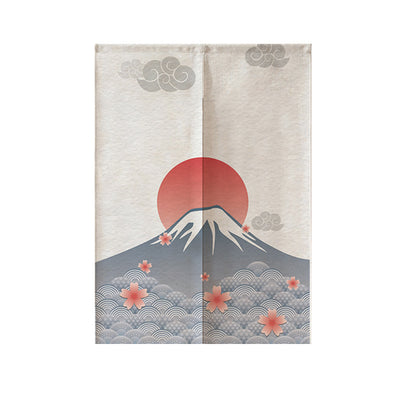 Red fabric door curtain with white polka dots and a repeating pattern of a lucky cat holding a gold coin, surrounded by flowers. - Image 8