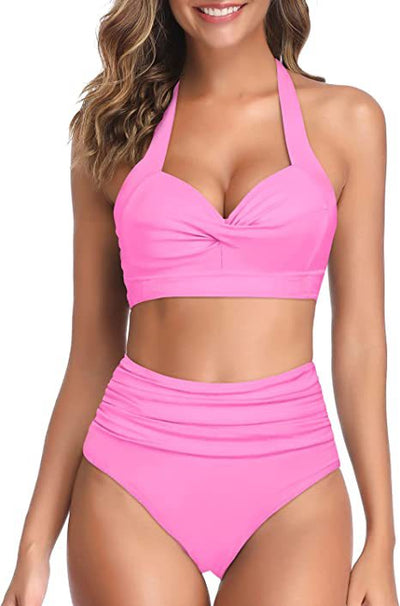 Bright yellow two-piece bikini with a halter neck top featuring a twisted bow and high-waisted ruched bottoms. - Image 7