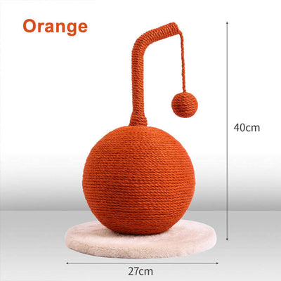 Green sisal cat scratching post with a spherical base, curved post, and dangling ball toy on a round felt base. - Image 5