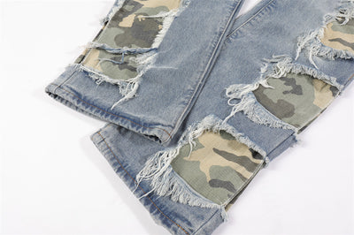 Pantalones Rectos de Camuflaje con Parches y Flecos Rotos para Hombre - Image 14
