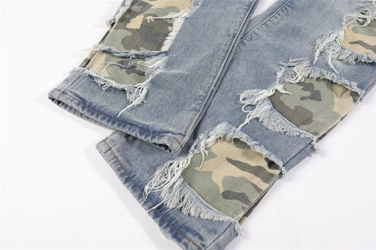 Pantalones Rectos de Camuflaje con Parches y Flecos Rotos para Hombre - Image 14