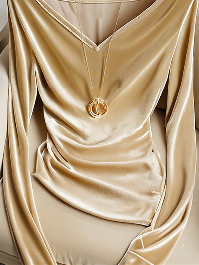 Blusa Champagne Escote V Manga Larga Plisada Terciopelo para Invierno - Image 11