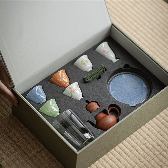 Juego de Té Artesanal en Arcilla Púrpura - Tetera y Tazas Pintadas a Mano