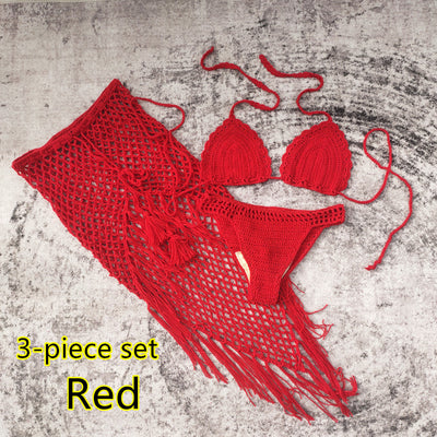 White 3-piece handmade crochet bikini set with triangle top, high-cut bottoms, and fringed mesh beach skirt. - Image 39