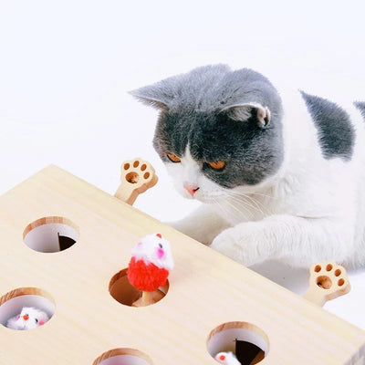 Wooden cat whack-a-mole toy with three plush mouse toys and paw-shaped pushers, measuring 21cm by 28cm. - Image 12
