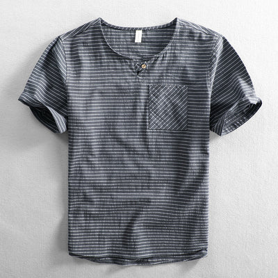 Camiseta Hombre Algodón Rayas Cuello Abierto Manga Corta Suelta Casual - Image 10