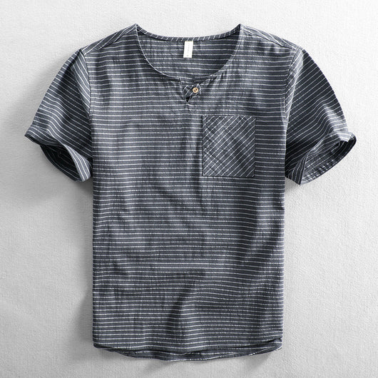 Camiseta Hombre Algodón Rayas Cuello Abierto Manga Corta Suelta Casual - Image 10