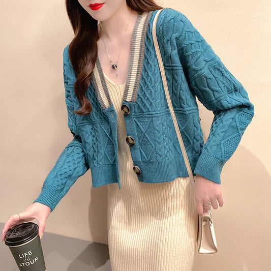 Suéter Cardigan Corto Escote V Tejido Holgado para Mujer