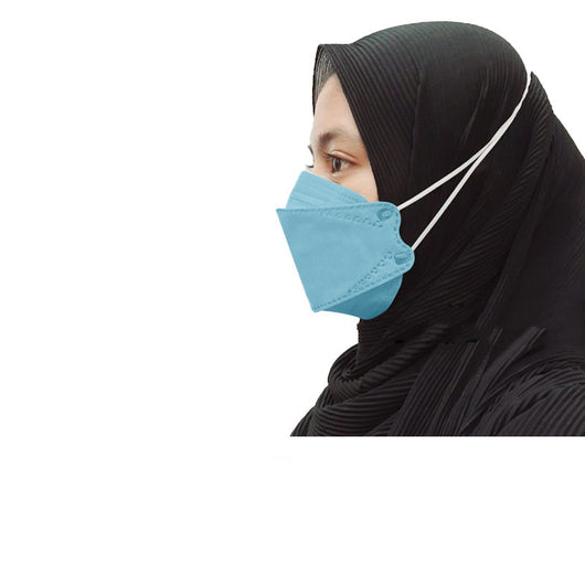 Orange KF94-style headloop face mask worn by an adult with a black hijab, designed for respiratory protection. - Image 8