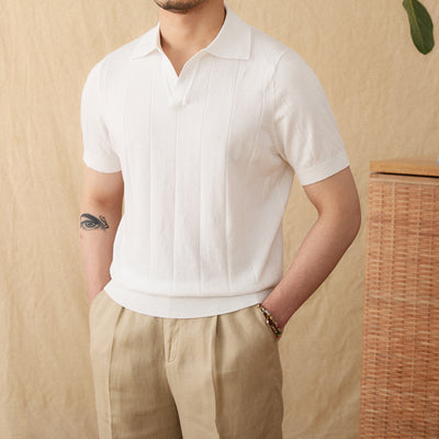 Polo de Algodón y Lino con Rayas Hundidas y Cuello Gaviota - Image 8