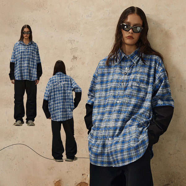 Camisa de Cuadros Hip Hop con Bordado de Letras y Solapa Floral