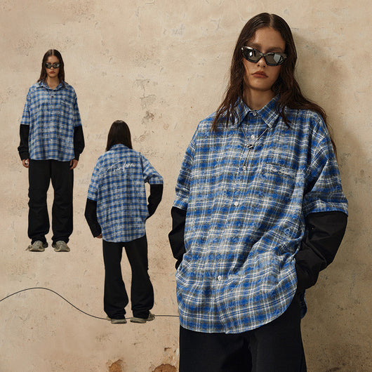 Camisa de Cuadros Hip Hop con Bordado de Letras y Solapa Floral