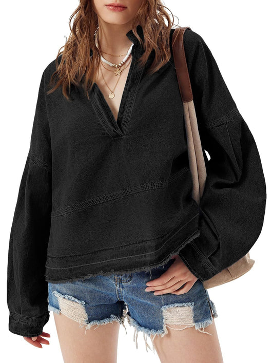 Blusa Denim Holgada de Cuello V y Manga Larga Versátil - Image 20