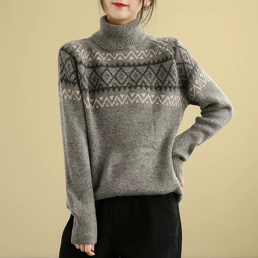 Suéter Tejido Jacquard Cuello Alto - Estilo Literario y Casual