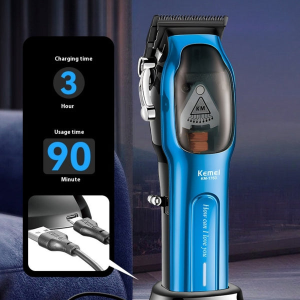 Blue electric hair clipper set with charging base, USB cable, cleaning brush, oil, and six guide combs.