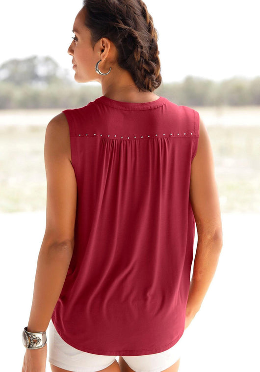 Camiseta Suelta sin Mangas con Detalles Decorativos - Color Liso Versátil - Image 5