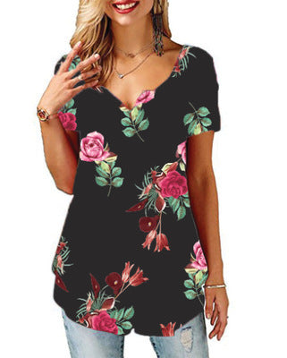 Camiseta Cuello V Estampada para Mujer - Manga Corta Europeo Americano - Image 17